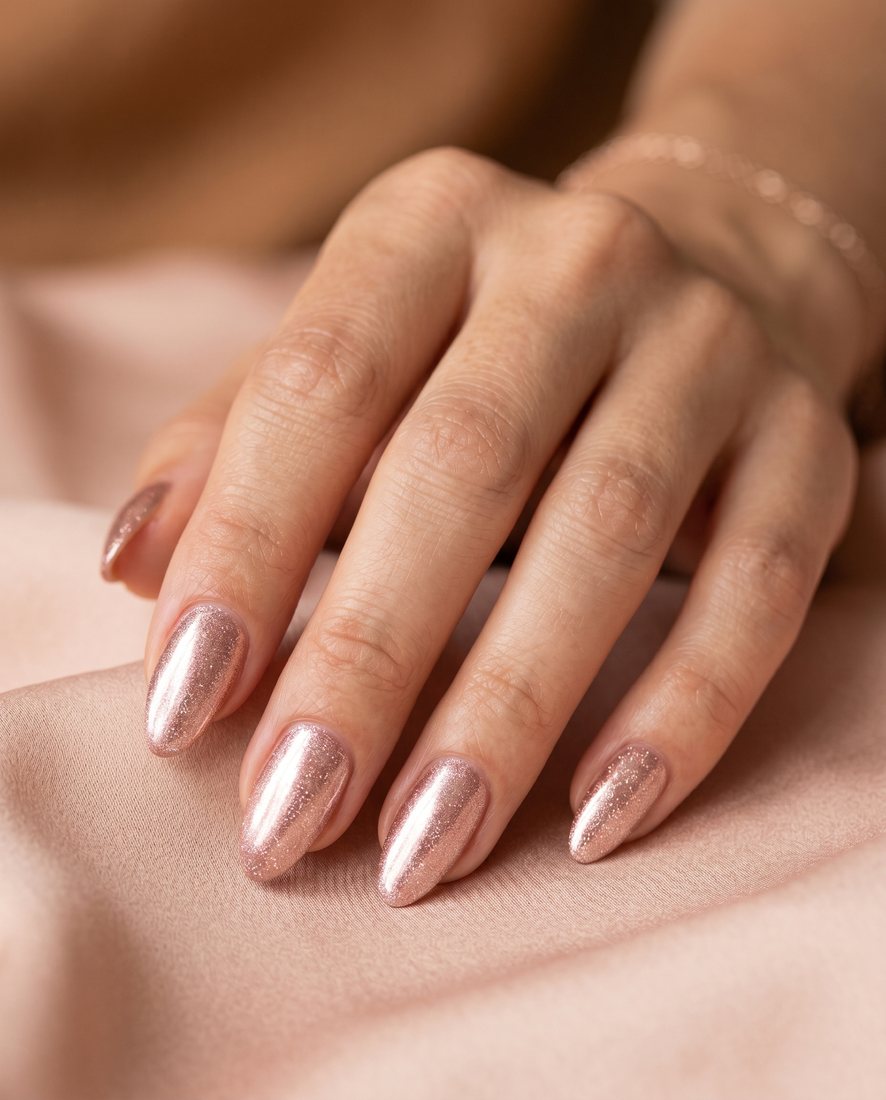 Manicure met een zachte rosé-gouden chroomfinish