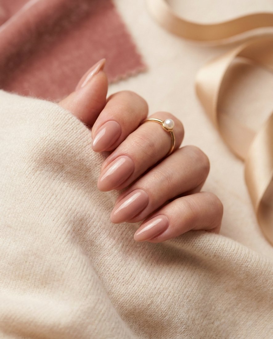 Glanzende nude manicure in warme beige-rose tinten