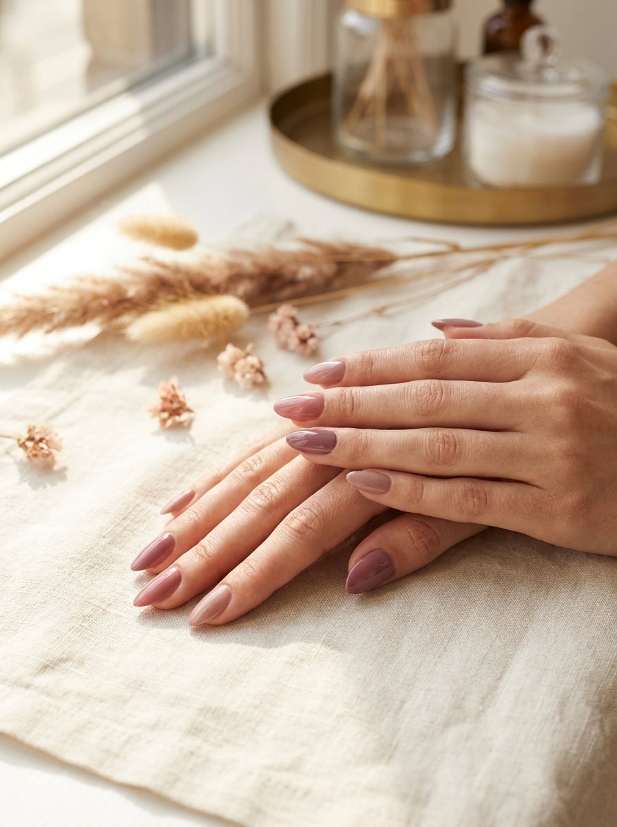 Twee verzorgde handen met een zachte, elegante manicure op linnen
